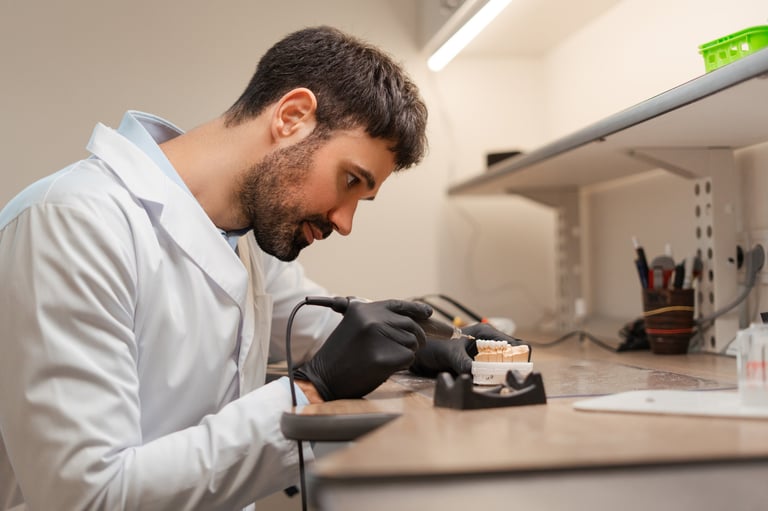 Concentrated dental technician wearing black gloves and a lab coat using a specialized tool to carefully work on a denture mold in a dental laboratory