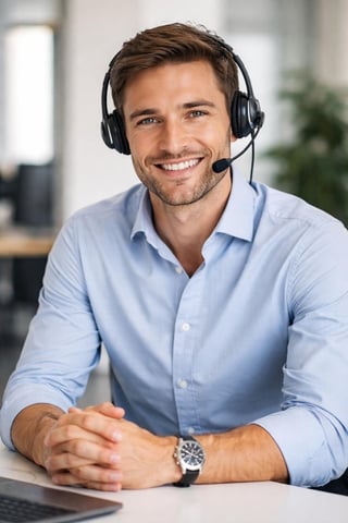 Paul - Unser freundlicher KI-Assistent mit Headset am Schreibtisch