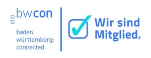 bwcon logo with Baden-Württemberg Connected text and Wir sind Mitglied checkmark badge in German
